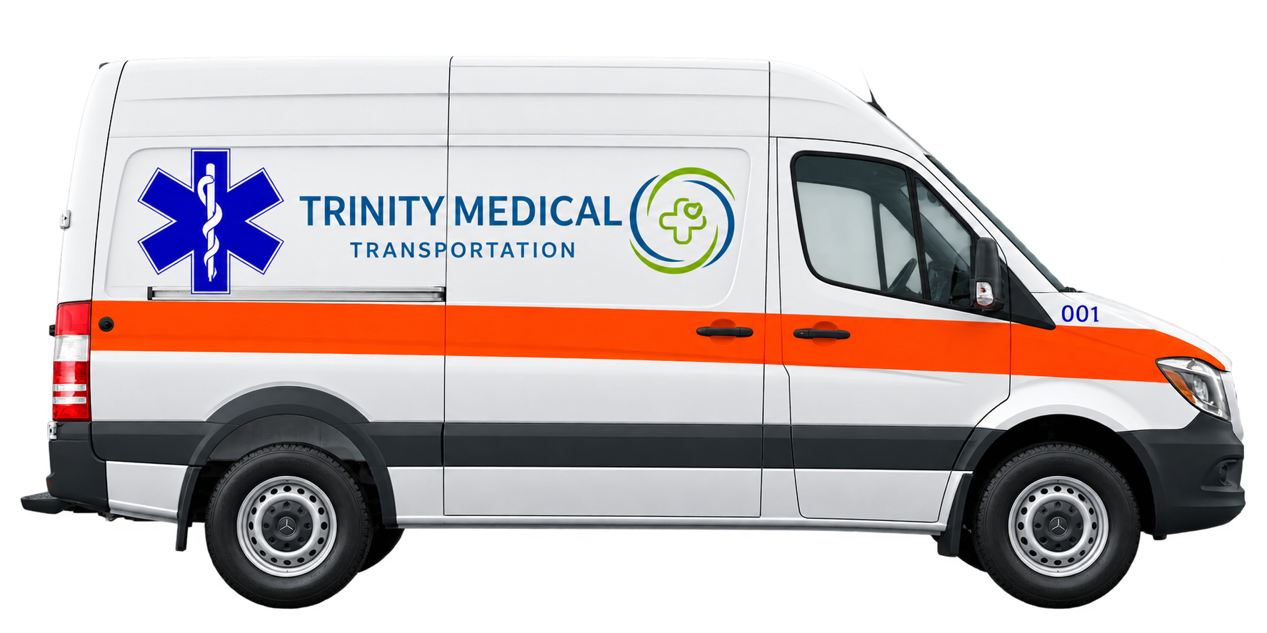 Trinity Medical Transportation van, unit 001, with the blue star-of-life emblem and company logo on the side